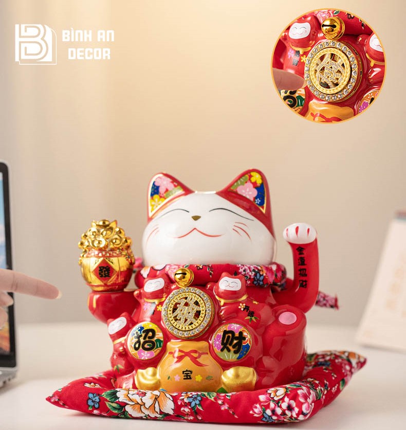 Mèo Thần Tài Vẫy Tay Thiên Kim Đại Cát Đỏ - Bình An Decor
