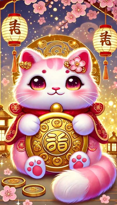 Hình nền mèo Thần Tài màu hồng